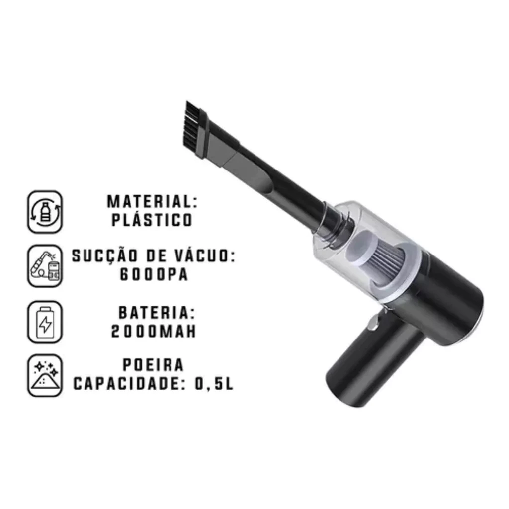 Aspirador De Pó Preto Usb Portátil Completo Linha Premium Carro E Casa 2000mAh - Imagem 3