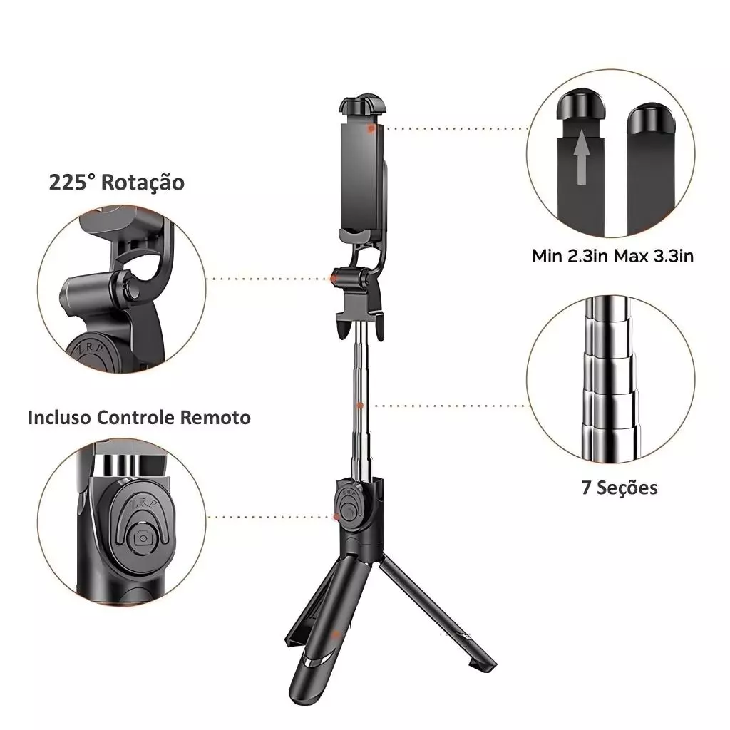 Bastão Pau de selfie Tripé Retrátil Com Luz LED Controle Bluetooth Celular - Imagem 5