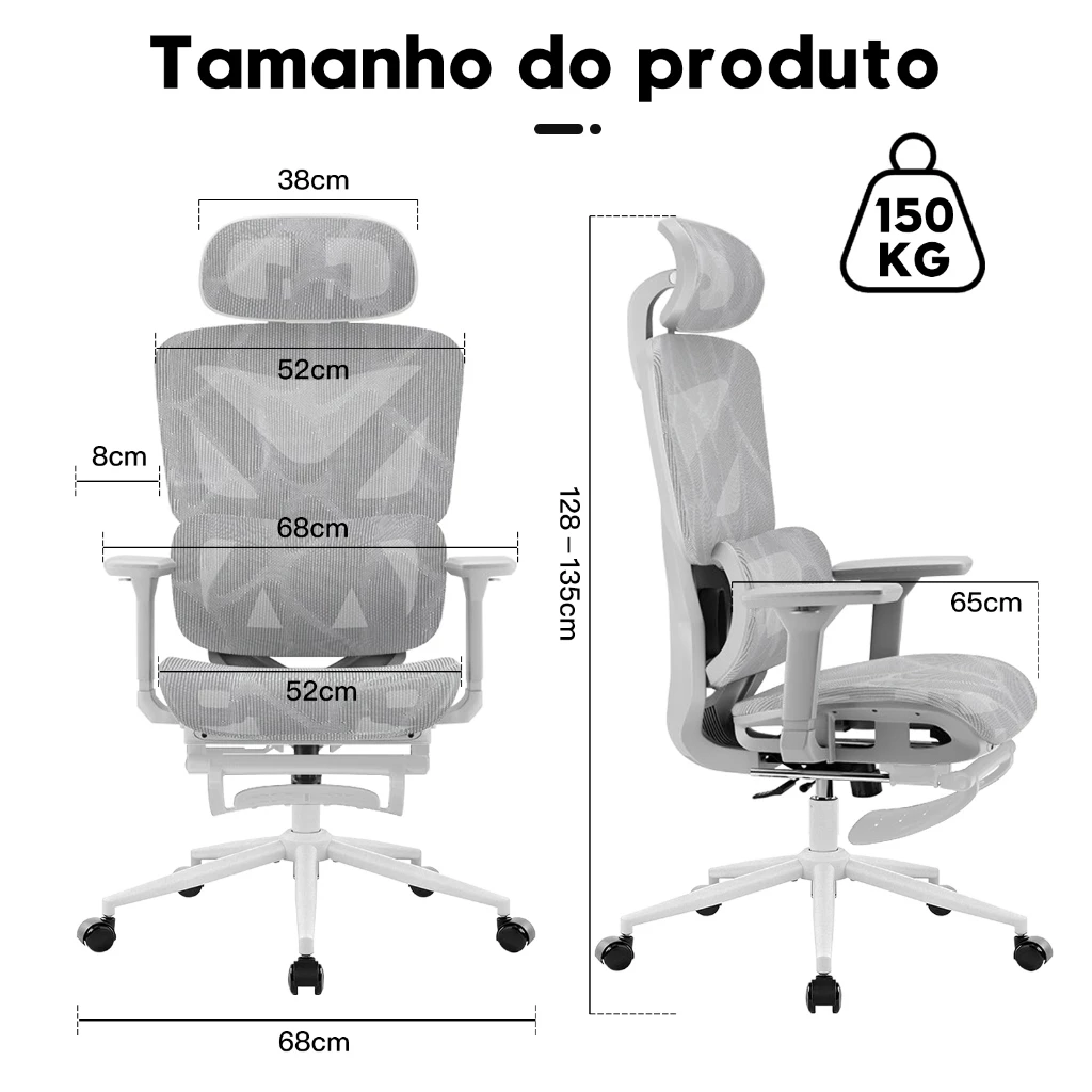 Cadeira Gamer/Home Office Ajustável com Pé, Braço 6D, Suporte Lombar e Cabeça - Ergonômica para Estudo e Trabalho, 150kg - Imagem 6