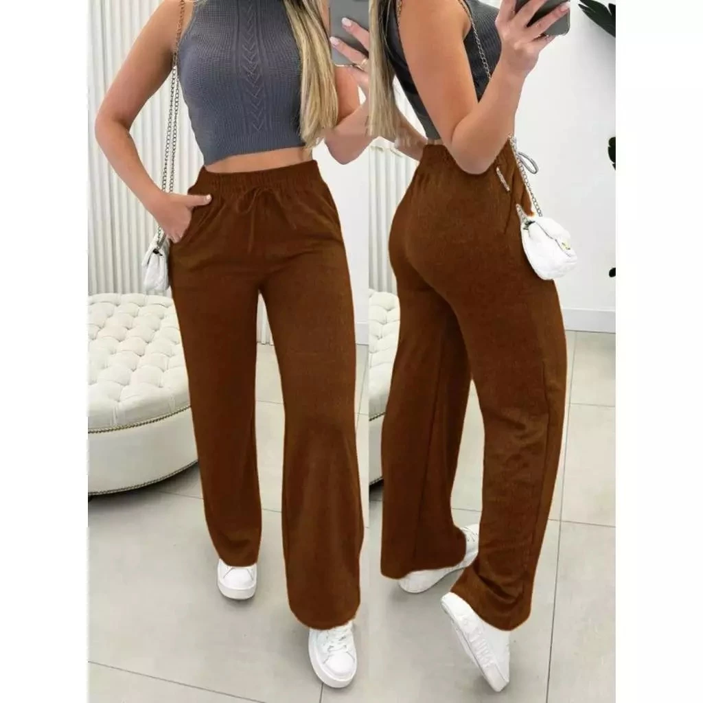 Calça Pantalona Lanzinha Feminina Cintura Alta Com Elastico De e Bolso Outono / Inverno Promoção - Imagem 7