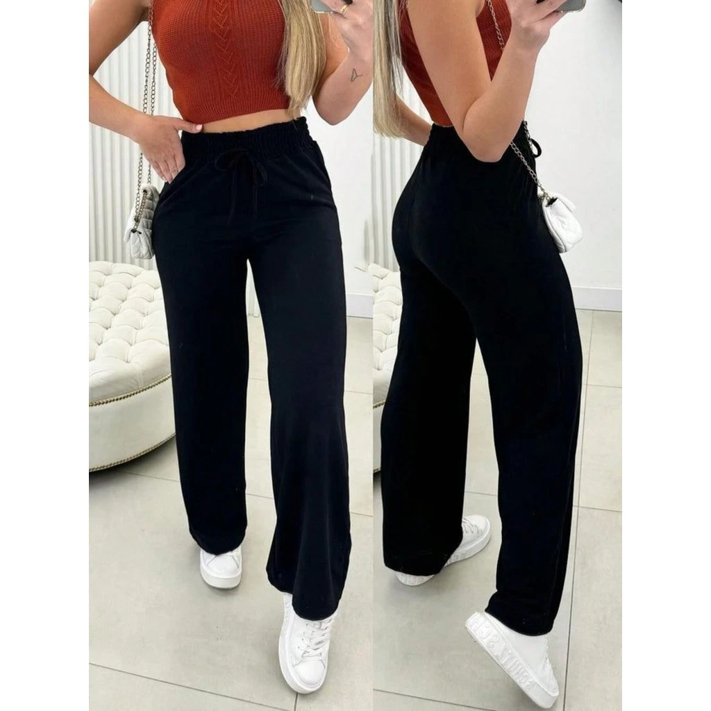Calça Pantalona Lanzinha Feminina Cintura Alta Com Elastico De e Bolso Outono / Inverno Promoção - Imagem 5