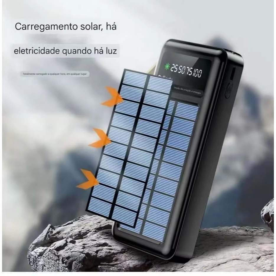 Carregador Portátil Solar 20000mAh Power Bank com Cabos Embutidos Display Digital USB Rápido - Imagem 6