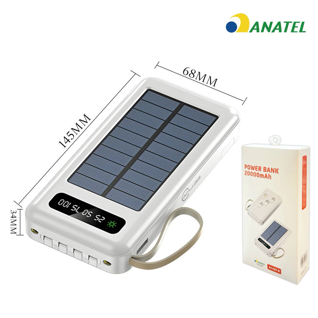 Carregador Portátil Solar 20000mAh Power Bank com Cabos Embutidos Display Digital USB Rápido - Imagem 5