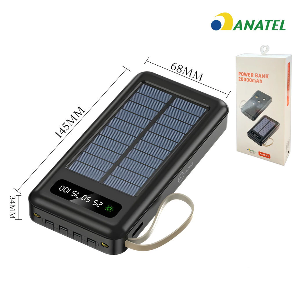 Carregador Portátil Solar 20000mAh Power Bank com Cabos Embutidos Display Digital USB Rápido - Imagem 4