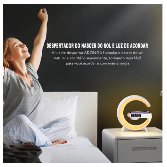 Caxinha de Som G -Speaker COR BRANCA Com Relógio Luminária Bluetooth Inteligente Carregador Sem Fio Led Luz COM RELÓGIO - Imagem 5