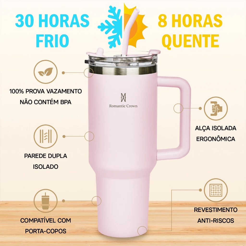 ROMANTIC CROWN Copo Térmico Portátil 1200ml/600ml com Tampa e Canudo Garrafa Térmica Inoxidável À prova de vazamentos - Imagem 2