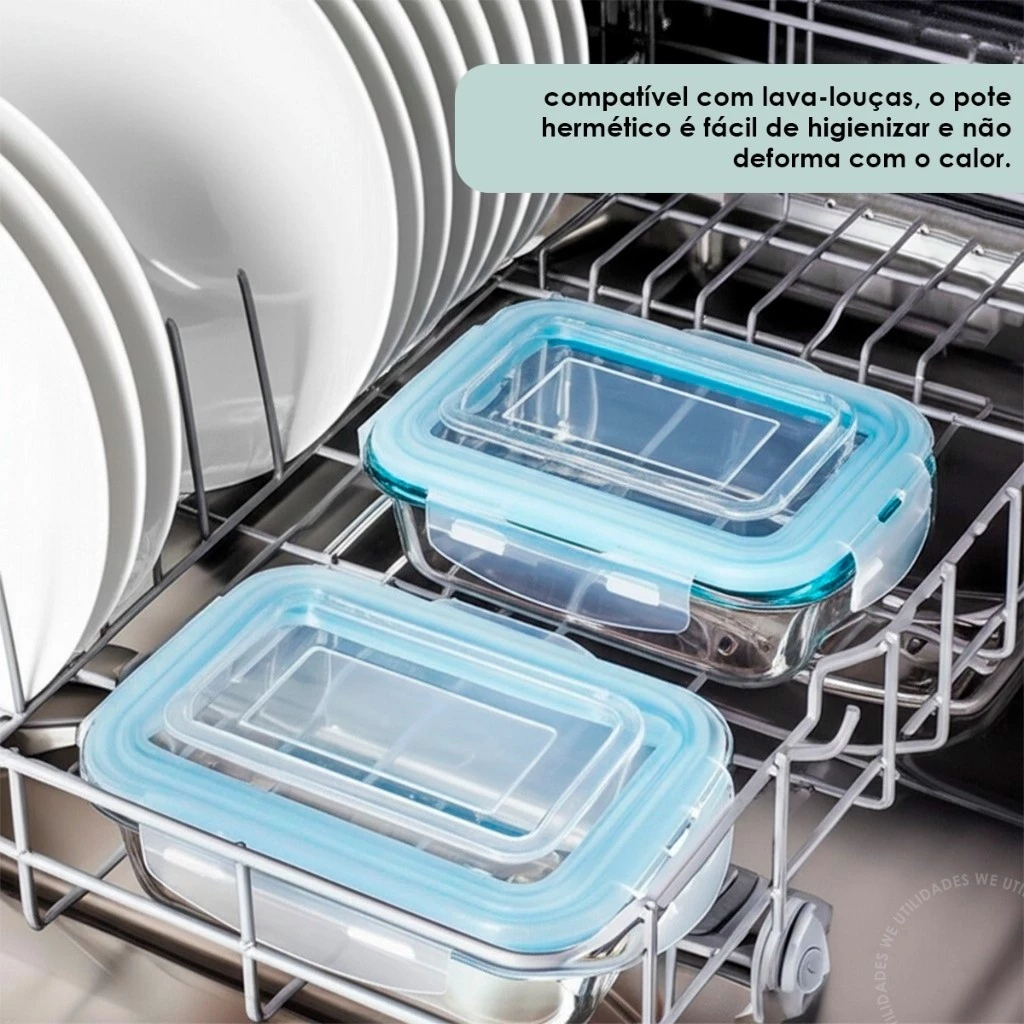Kit 10 OU 5 Pote de Vidro Hermético Retangular 4 Travas Marmita Fit Microondas Mantimentos - Imagem 5