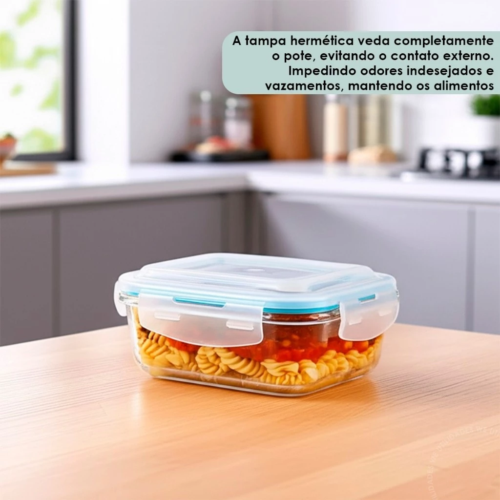 Kit 10 OU 5 Pote de Vidro Hermético Retangular 4 Travas Marmita Fit Microondas Mantimentos - Imagem 4