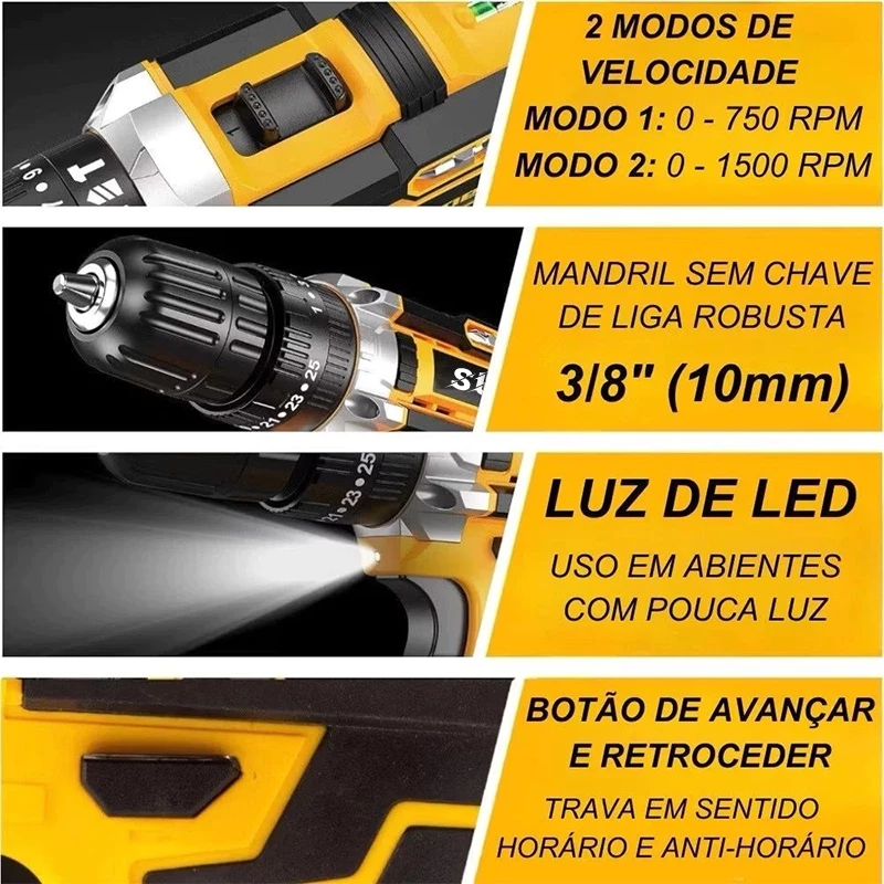 Parafusadeira Furadeira 48V 1/2 Bateria 3 funções de Elétrica Sem Fio Impacto Completo Acessórios - Imagem 2