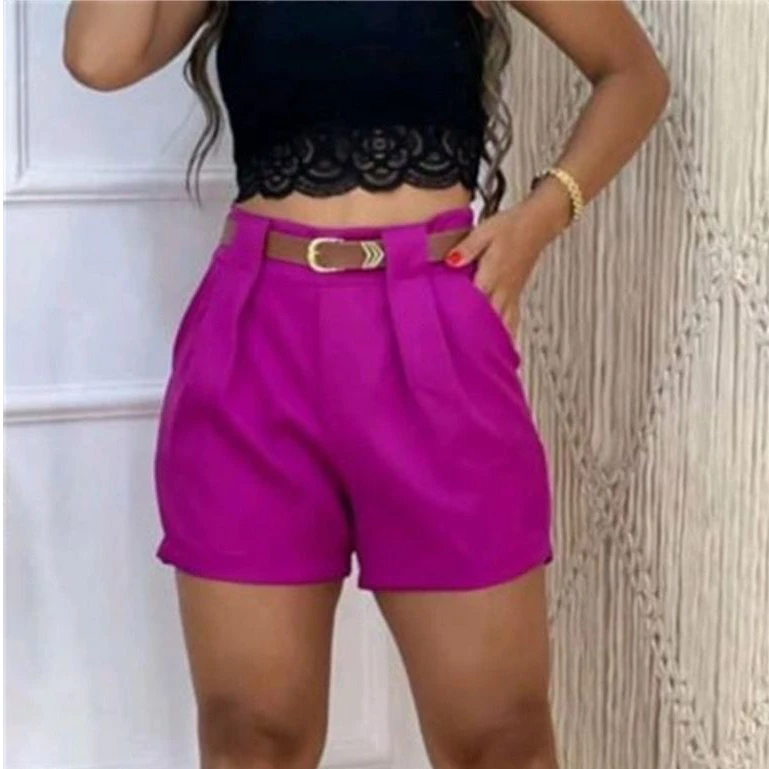 Short Alfaiataria Feminino Social Cintura Alta Com Cinto Com Bolso ENVIO IMEDIATO - Imagem 3