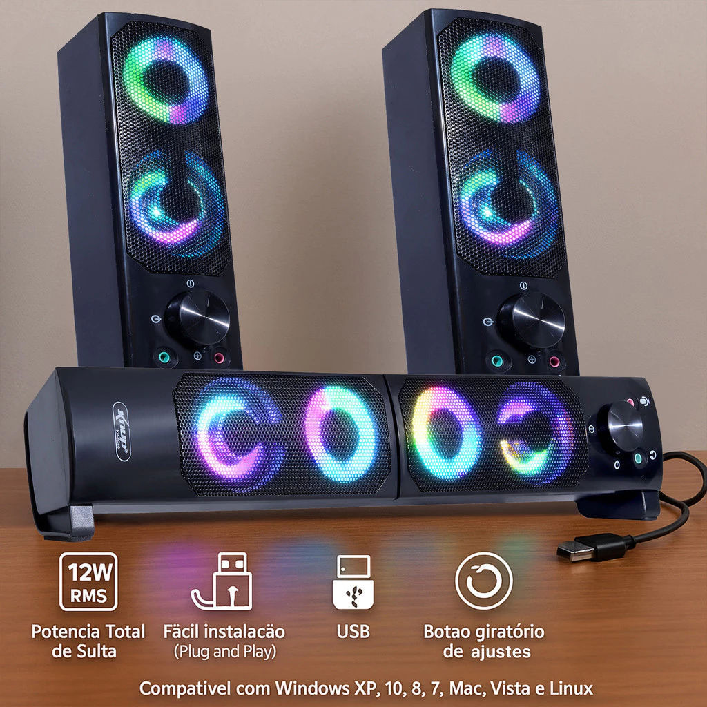 SoundBar Profissional Led Intenso Gamer RGB Som Limpo Grave Amplificado Home Notebook Usb P2 Construção Resistente - Imagem 2
