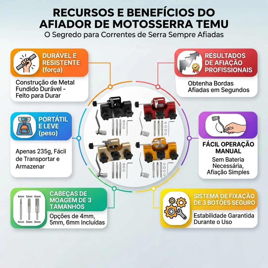 Afiador de Corrente Manual para Motosserra, Lima, Cabeça de Afiação Portátil - Deixe sua Corrente Afiada - Imagem 2